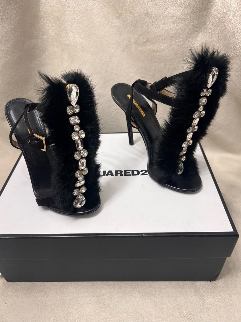 Dsquared2 Black Fur Jeweled Open-Toe Sandals